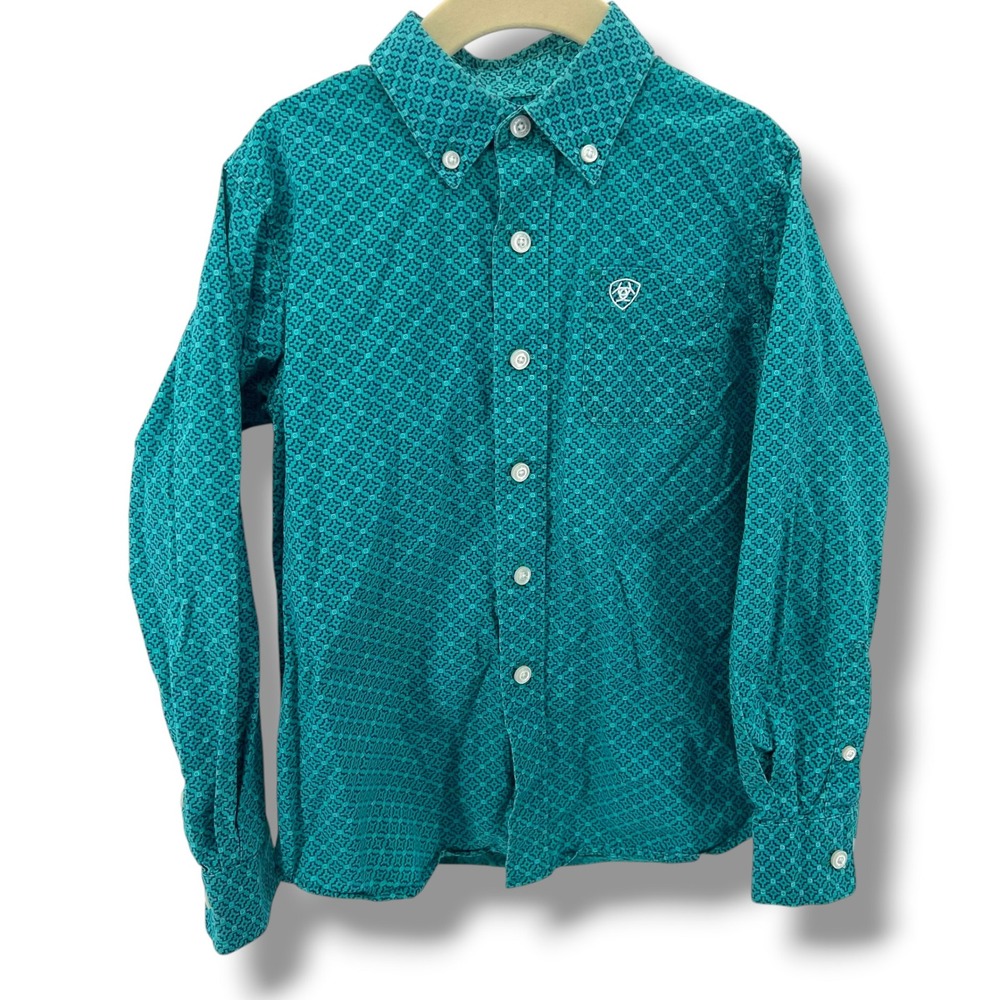 Ariat Boys XS 7 Teal Geometric Print Long Sleeve Western Button Down Shirt